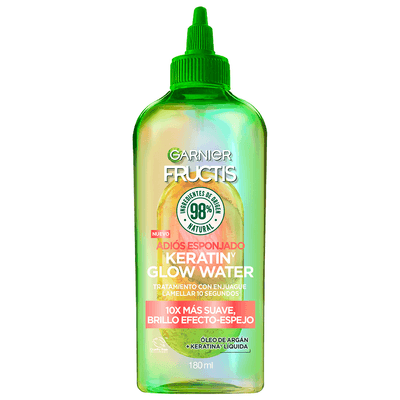 Tratamiento Garnier Fructis Adiós Esponjado Keratin-v Glow Water de 180ml, descubrilo en mibelleza.uy