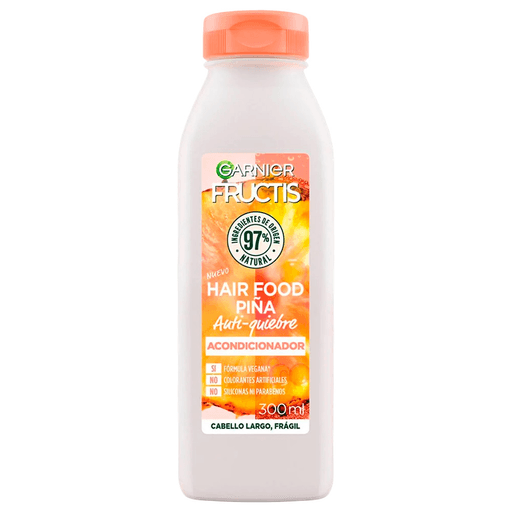 El Acondicionador Hair Food Piña nutre y fortalece el cabello largo y frágil gracias a su fórmula con piña, ayudando a reducir el quiebre desde la primera aplicación. Presentación de 300ml, ideal para el cuidado diario.
