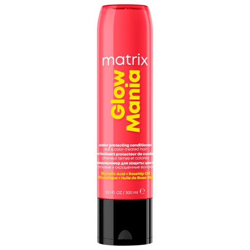 ¡No dejes que la vida apague tu brillo! Este acondicionador Glow Mania protector del color de Matrix, con ácido glicólico y aceite de rosa mosqueta, preserva la luminosidad de tu color y el brillo de tu cabello desde adentro hacia afuera durante 8 semanas. Desenreda al instante, dejando el cabello opaco y teñido protegido, más suave y brillante.