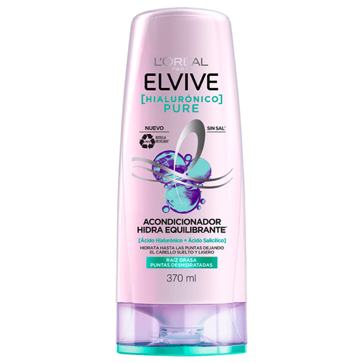 Acondicionador L´Oréal Elvive Hialurónico Pure para obtener raíces totalmente purificadas, las puntas del cabello hidratadas y la grasa controlada.