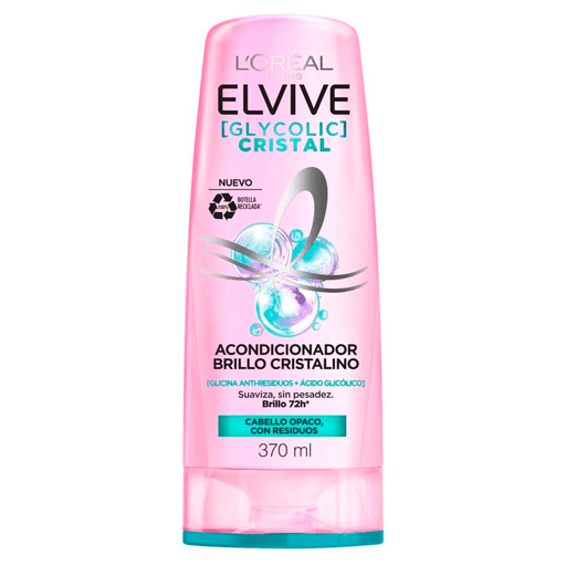 El Acondicionador Glycolic Cristal purifica el cabello en profundidad gracias a su fórmula con ácido glicólico, que elimina los residuos visibles, alisa la fibra capilar y brinda hasta 2 veces más brillo, dejando el cabello limpio, suave y luminoso, sin sensación pesada.