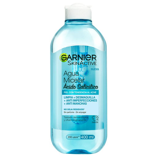 Agua Micelar Express Aclara Antiimperfecciones de Garnier para piel con tendencia al acné.