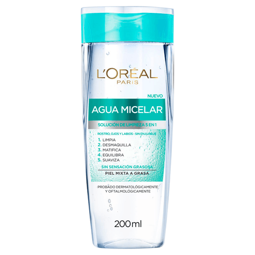 Agua Micelar 5 en 1 de L'Oreal para pieles mixtas que deja la piel muy limpia, suave y sin sensación grasosa.
