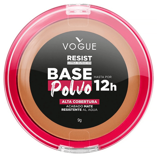 Base en polvo Resist de Vogue de larga duración, con acabado mate y resistencia al agua.
