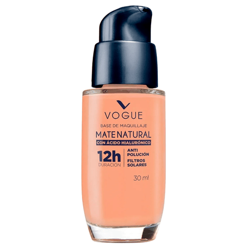 Lográ un acabado mate natural con esta base líquida Vogue, la cual tiene larga duración y está realizada con ácido hialurónico.