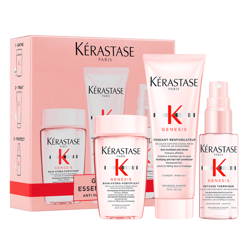 Genesis de Kérastase, una línea de tratamientos anticaída personalizados para cabello débil y quebradizo y atender las causas de la rotura. Su aplicación reducirá la caída desde el primer uso, ya que fortalecé la fibra de cada hebra, evitando así la rotura y mejorando completamente el estado del cuero cabelludo, frenando la caída desde la raíz y permitiéndote disfrutar de un cabello espectacular. El cofre incluye un shampoo Bain Hydra Fortifiant Anticaída Para Pelo Fino Y Graso de 80ml + un acondicionador Fondant Renforcateur de 75ml + un protector térmico Défense Thermique de 45ml