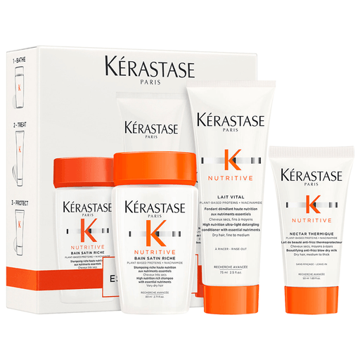 Repará tu cabello seco y dejalo nutrido y profundamente limpio con este cofre Kérastase Nutritive, el cual incluye un shampoo Bain Satin Riche de 80ml + un acondicionador Lait Vital Protéinée de 75ml + un protector térmico Thermique de 50ml.