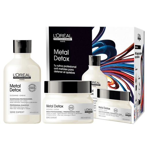 Protegé y cuidá el cabello tratado con color con este cofre L'Oreal Professionnel Metal Detox, el cual incluye un shampoo de 300ml + una máscara de 250ml