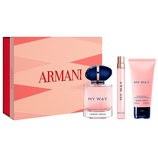 Descubrí My Way de Giorgio Armani con este cofre que incluye perfume de 90ml, perfume de 10ml y crema corporal de 50ml. My Way es una invitación a ampliar tus horizontes y vivir encuentros especiales en todo el mundo. Un brillante bouquet de flores blancas se alberga en un frasco talismán, una metáfora del mundo.