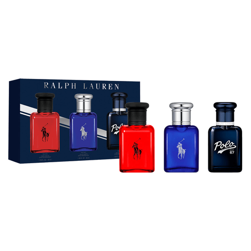 El cofre World of Polo reúne tres icónicas fragancias EDT de Ralph Lauren: Polo Red, intensa y especiada; Polo Blue, fresca y acuática; y Polo 67, vibrante y moderna, ideales para acompañar distintos estilos y momentos del día.