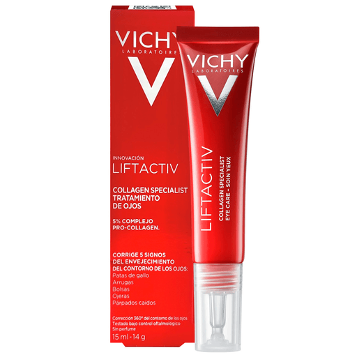 Liftactiv Collagen Specialist Eye Care de Vichy es una crema para ojos avanzada que reduce los signos de envejecimiento alrededor de los ojos, haciendo que la piel se vea más joven e iluminada.