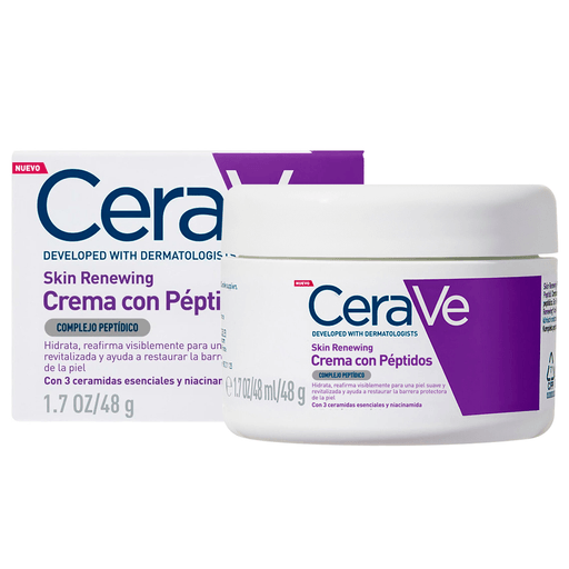 Crema CeraVe Péptidos para el día y/o noche que hidrata, reafirma y revitaliza la piel. Formulada con complejo de péptidos, ácido hialurónico, niacinamida, 3 ceramidas esenciales y Tecnología MVE, ayuda a mejorar visiblemente la firmeza de la piel, restaurando la barrera natural e hidratando por hasta 48 horas continuamente.