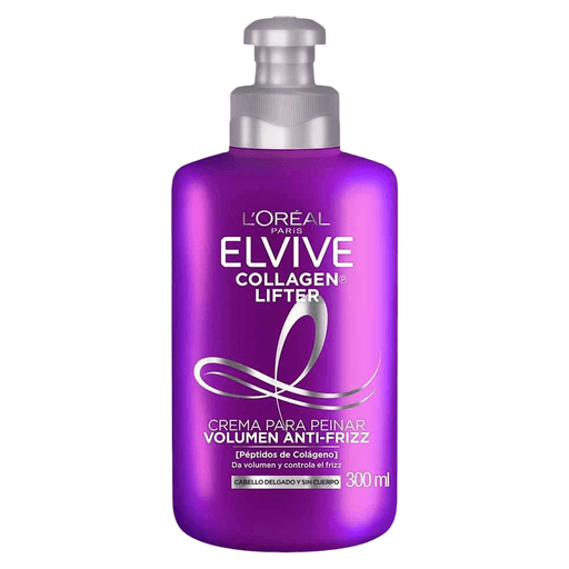 La crema para peinar Elvive Collagen Lifter, enriquecida con péptidos de colágeno, aporta volumen, cuerpo y movimiento instantáneos, dejando el cabello más suave, denso y fortalecido, con protección térmica hasta 230 °C.