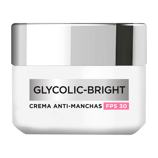 Crema Día FPS30 Antimanchas Glycolic Bright, es una crema de día con alta protección solar de acabado ligero y no grasoso que hidrata y reduce visiblemente las manchas. Sus ingredientes ayudan a reducir manchas y unificar el tono de la piel.