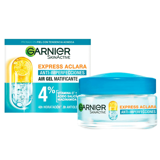 Garnier Express Aclara Antiimperfecciones Air Gel Matificante con 4% Ácido Salicílico, Niacinamida, y Vitamina C ayuda a reducir visiblemente imperfecciones, reduce manchas y controla oleosidad e hidrata la piel.