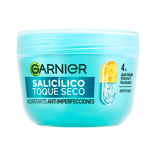 Garnier Hidratante Antiimperfecciones Salicílico Toque Seco ayuda a reducir visiblemente las imperfecciones mientras mantiene la piel hidratada y equilibrada. Su fórmula de textura ultraligera como el aire, se absorbe rápidamente sin dejar sensación grasosa, controlando la oleosidad y proporcionando un acabado mate de hasta 8 horas.