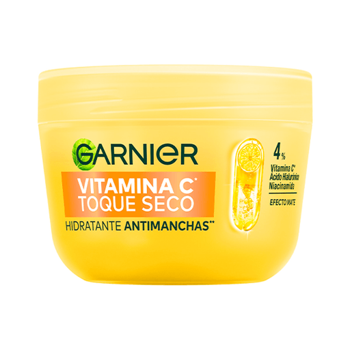 La crema gel Garnier Vitamina C Toque Seco Hidratante Antimanchas ayuda a lograr una piel más uniforme, luminosa y libre de brillo gracias a su fórmula enriquecida con Vitamina C. Proporciona hasta 48 horas de hidratación, reduce visiblemente las manchas hasta en un 34% y controla la oleosidad con un efecto mate de hasta 8 horas. Su textura ultraligera de rápida absorción deja un agradable toque seco sin sensación grasosa. Ideal para el cuidado diario de una piel hidratada, fresca y radiante.