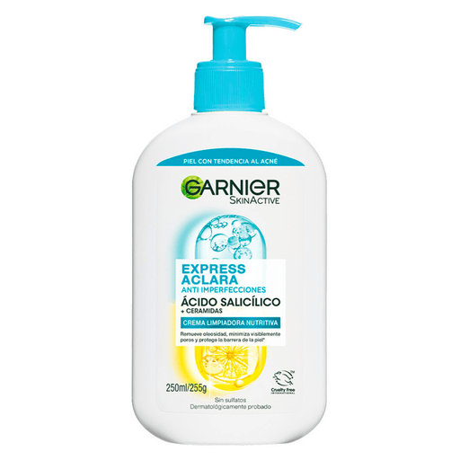 La crema Limpiadora Hidratante Antiimperfecciones de Garnier con Ácido Salicílico y Ceramidas, limpia profundamente sin resecar, reduce impurezas y poros, dejando la piel hidratada, suave y luminosa.