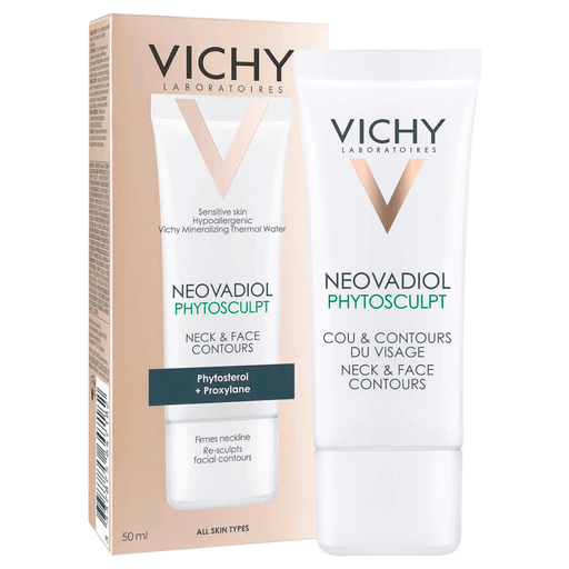 Neovadiol Phytosculpt, la primera crema de vichy con efecto remodelador para cuello y contorno del rostro. Su fórmula ayuda a compartir lo que sucede durante la menopausia, donde la densidad de la piel comienza a reducirse significativamente, siendo el cuello y el contorno facial las zonas más afectadas. 