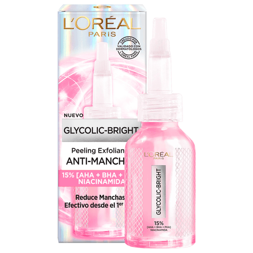 Renová tu piel y combatí las manchas con el innovador peeling exfoliante Glycolic Bright de L'Oréal Paris. Inspirado en los tratamientos estéticos profesionales, tiene una fórmula exclusiva que exfolia diferentes niveles de la epidermis para mejorar la luminosidad, textura y firmeza.