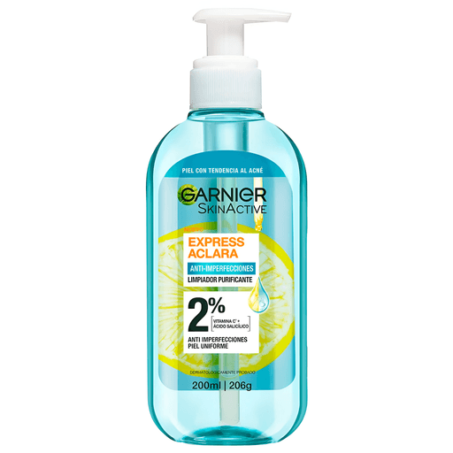 El Gel Limpiador Facial Express Aclara Antiimperfecciones de Garnier es el tratamiento perfecto para personas con piel con tendencia al acné. Este gel concentrado cuenta con la potente combinación de Ácido Salicílico y Vitamina C, que actúan en conjunto para purificar la piel y reducir visiblemente las imperfecciones lo que ayuda a uniformizar la piel, dejándola con un aspecto más radiante y saludable.