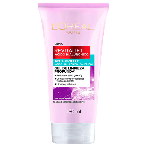 Gel de limpieza Revitalift de L'Oreal mezcla el ácido hialurónico con el ácido salicílico para obtener una piel profundamente limpia, suave, hidratada y con menos líneas de expresión.