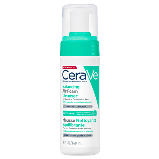 El Limpiador Air Foam Reequilibrante de CeraVe, con 3 Ceramidas Esenciales y Tecnología Glycolysine, limpia de forma potente pero respetuosa, reequilibrando la piel y eliminando el exceso de sebo, suciedad, maquillaje e impurezas, al tiempo que mantiene la hidratación por 24H. 
