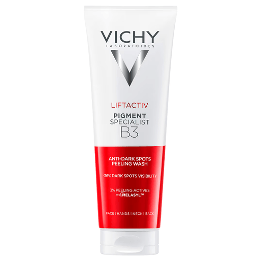 El gel exfoliante antimanchas Liftactiv Pigment Specialist B3 de Vichy limpia suavemente la piel y elimina las impurezas a la vez que combate las manchas oscuras. Su fórmula contiene un 3% de ingredientes activos exfoliantes (ácido glicólico y PHA) y Melasyl. 