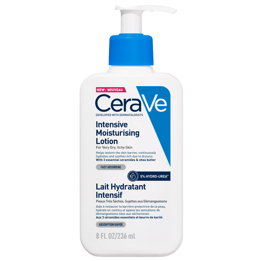 CeraVe Intensive Moisturizing es una loción hidratante intensiva formulada con tres ceramidas esenciales, la tecnología de liberación MVE y la tecnología Hydro-Urea™ para hidratar intensamente la piel extraseca y ayudar a restaurar la barrera cutánea sin dejar ningún residuo graso o pegajoso.