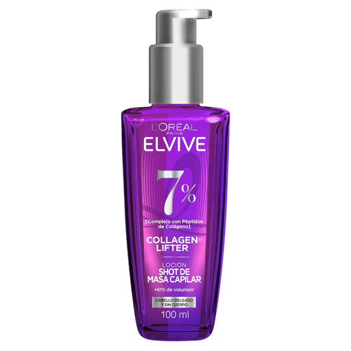 La loción Elvive Collagen Lifter, enriquecida con péptidos de colágeno, aporta volumen y cuerpo al instante, dejando el cabello más suave, ligero y con movimiento natural, mientras protege la fibra capilar del calor hasta 230°C.