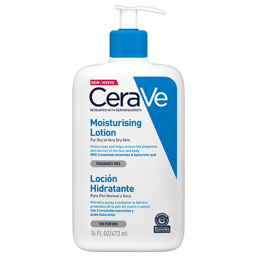 CeraVe Loción hidratante es una fórmula única, liviana que ofrece una hidratación de 24 horas. Ayuda a hidratar y restaurar la función de la barrera cutánea. 