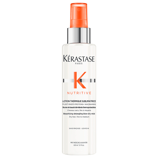La Lotion Thermique Sublimatrice de Kérastase Nutritive es una bruma embellecedora desenredante que prepara el cabello seco de fino a medio para el secado.