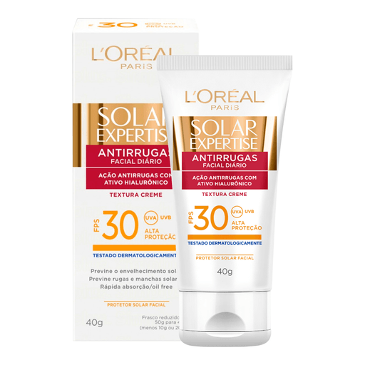 Cuidá de tu piel mientras combatís las arrugas con este protector solar facial diario con FPS30 Solar Expertise de L´Oreal París. Cuenta con activo hialurónico y una textura cremosa.