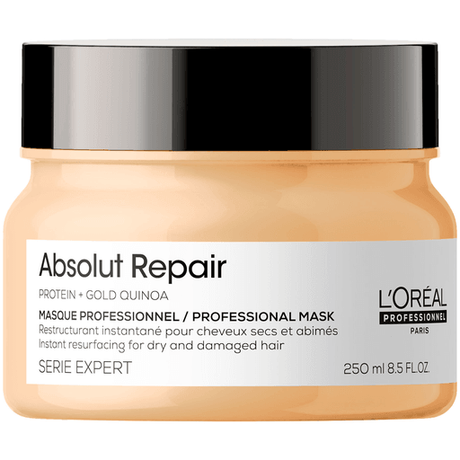 La mascarilla Absolut Repair repara profundamente el cabello dañado y seco, logrando menos de daño en la superficie y un brillo 7 veces mayor. Enriquecida con quinoa y proteína, fortalece y restaura la fibra capilar, dejando el cabello más manejable, saludable y luminoso.