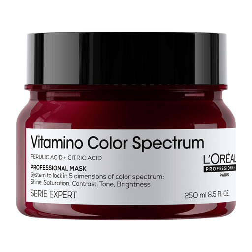 L'Oréal Professionnel Vitamino Color Spectrum Mask es una mascarilla diseñada para nutrir y proteger el cabello coloreado. Con una fórmula enriquecida con ácido ferúlico y ácido cítrico, esta mascarilla ayuda a proteger y fijar el color, proporcionando un brillo intenso y una textura suave y sedosa.