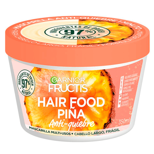 Esta mascarilla de Garnier Hair Food Pina 3 en 1 es ideal para quienes tienen el cabello con aspecto cansado y opaco. Su fórmula nutre y da brillo intensos a tu cabello largo, además de facilitar su desenredado. ¿El resultado? 2 veces menos puntas abiertas, fórmula vegana enriquecida con omega 6 y 9, derivados de vitamina C+F y vitamina E.