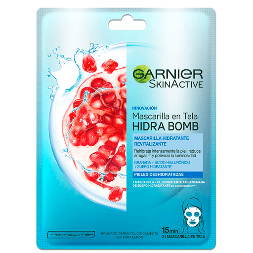Mascarilla de tela hidratante revitalizante con ácido hialurónico y granada. Su composición rehidrata intensamente la piel, reduciendo arrugas y potenciando su luminosidad en sólo 15 minutos.