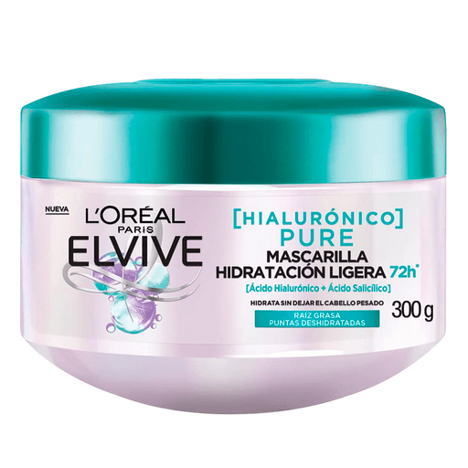 Mascarilla L´Oréal Elvive Hialurónico Pure Hidratación Ligera para obtener raíces totalmente purificadas, las puntas del cabello hidratadas y la grasa controlada.