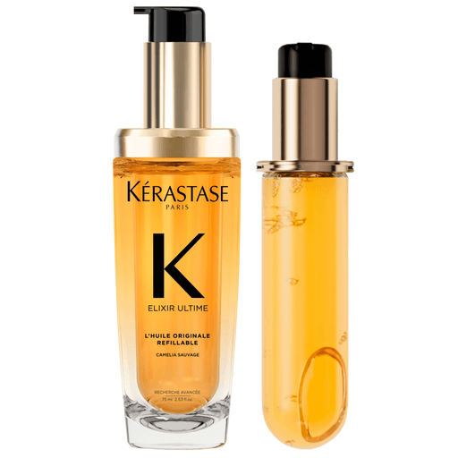 Consentite con el aceite capilar de lujo definitivo: Kérastase Elixir Ultime L'Huile, ahora recargable. Enriquecido con los ingredientes más finos, incluyendo Camelia silvestre y Camelia francesa, cada gota es un tratamiento profundamente lujoso para todo tipo de cabello, en especial el cabello opaco. Este pack incluye un frasco de 75ml + una recarga de 75ml.