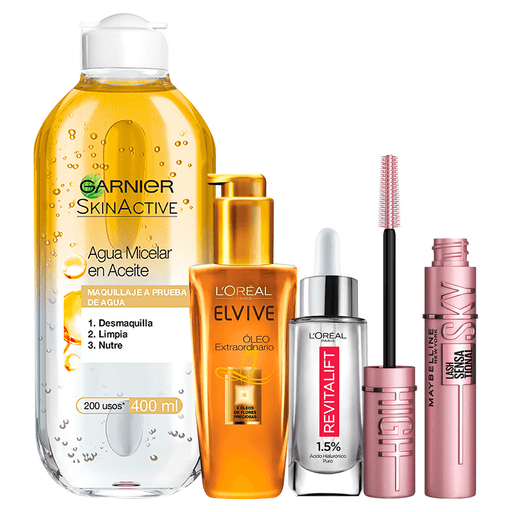 Better Together te trae un pack imperdible, para realzar tu belleza. Incluye un aceite de Elvive L'Oréal París Óleo Extraordinario de 100ml + un sérum Rellenador de L'Oréal París Revitalift de 30ml + una máscara de pestañas Sky High Lash Sensational de Maybelline Washable Very Black + un agua micelar Bifásica de Garnier Skin Active de 400ml.