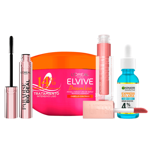 Better Together te trae un pack imperdible, para realzar tu belleza. Incluye una máscara de Pestañas L'Oréal Paradise Big Deal Washable Very Black + un sérum Garnier Express Aclara Antiimperfecciones de 30ml + un brillo de labios Lifter Gloss Maybelline Hidratante con ácido hialurónico Moon + una mascarilla L'Oreal Elvive Dream Liso de 300ml.
