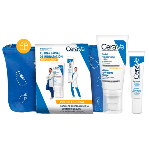Cuidá tu piel con este pack CeraVe con loción hidratante facial AM con FPS30 que hidrata durante todo el día y ayuda a restaurar la barrera protectora de la piel de rostro y cuello y crema reparadora de contorno de ojos que hidrata, repara y mejora el contorno de ojos manteniéndolo hidratado durante todo el día, ayudando a reducir bolsas y ojeras. Incluye un neceser DE REGALO.