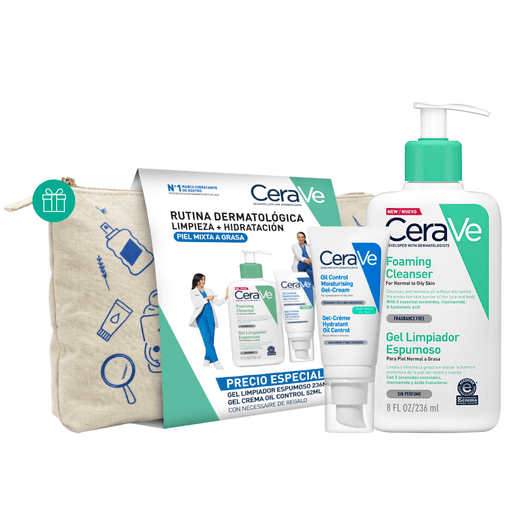 Lográ una rutina facial equilibrada y efectiva con el Pack CeraVe Foaming Cleanser + Oil Control Gel-Cream, ideal para pieles grasas o mixtas. El Foaming Cleanser ofrece una limpieza profunda y refrescante, eliminando sebo, impurezas y maquillaje sin alterar la barrera protectora de la piel, gracias a su fórmula espumosa suave y sin perfume, apta incluso para pieles sensibles. Complementá con el Oil Control Moisturizing Gel-Cream, un humectante ligero en textura gel-crema que brinda hidratación duradera sin sensación grasosa, ayudando a controlar el exceso de brillo y mantener la piel equilibrada, fresca y suave durante todo el día. Incluye un neceser DE REGALO.