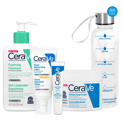 Este pack limpiador CeraVe ayudará a que tu rostro se vea limpio e hidratado. El gel limpiador espumoso de 236ml limpia y elimina el exceso de sebo sin alterar la barrera protectora de la piel mientras que la crema hidratante para rostro y cuerpo de 340g ofrece una hidratación profunda y duradera. El contorno de ojos ayuda a iluminar toda el área de los ojos y la loción facial hidratante día con FPS30 de 52ml hidrata y protege contra rayos UVA y UBV. Disfrutá de este pack con una botella inspiradora de 500ml DE REGALO!