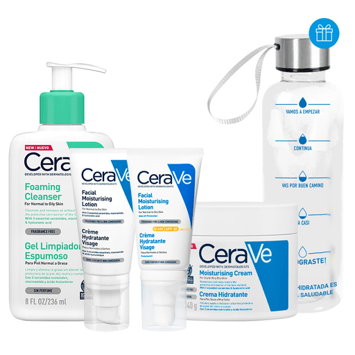 Este pack limpiador CeraVe ayudará a que tu rostro se vea limpio e hidratado. El gel limpiador espumoso de 236ml limpia y elimina el exceso de sebo sin alterar la barrera protectora de la piel mientras que la crema hidratante para rostro y cuerpo de 340g ofrece una hidratación profunda y duradera. La loción facial hidratante día con FPS30 de 52ml hidrata y protege contra rayos UVA y UBV y la loción facial hidratante noche de 52ml hidrata y ayuda a restaurar la barrera protectora de la piel. Disfrutá de este pack con una botella inspiradora de 500ml DE REGALO!