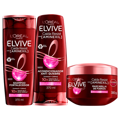 Descubrí el nuevo Elvive Caída Resist con Aminexil de L'Oréal Paris, la nueva línea para tratar la caída del cabello. Fórmula patentada con 1.5% de Aminexil + Cafeína y Arginina para obtener 10 veces menos pelo en el cepillo y un cuero cabelludo menos visible en 6 semanas, resultados clínicamente comprobados y validados por dermatólogos. El pack incluye un shampoo de 370ml + un acondicionador de 370ml + una mascarilla tratamiento de 300ml. #MiSoluciónAnticaída