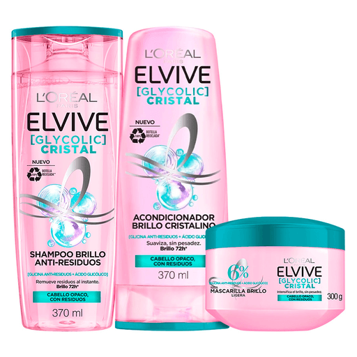 El Pack L'Oreal Elvive Glycolic Cristal está diseñado para devolverle al cabello su brillo y suavidad desde la primera aplicación. Su fórmula con ácido glicólico purifica en profundidad, eliminando residuos acumulados y mejorando visiblemente la textura capilar. El shampoo limpia y revitaliza, el acondicionador alisa la fibra y potencia el brillo, mientras que la mascarilla sella la cutícula y aporta un efecto cristal de hasta 72 horas. El resultado es un cabello más luminoso, suave y liviano, con un aspecto saludable y radiante.