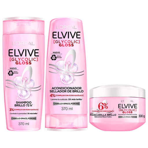 Conocé Elvive Glycolic Gloss de L´Oréal, la nueva revolución capilar con Ácido Glicólico. Su fórmula poderosa, combate la porosidad y lamina la cutícula para mejorar visiblemente la calidad del pelo darle 3x más brillo de inmediato. El pelo sigue brillante después de 6 lavados. El pack incluye un shampoo de 370ml + un acondicionador de 370ml + una mascarilla de 300ml. #BrillarEsTuPoder