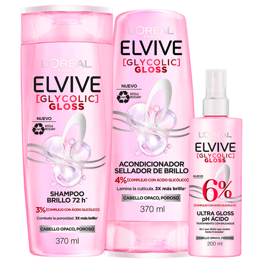 Descubrí el Pack Elvive Glycolic Gloss de L’Oréal, la revolución capilar con Ácido Glicólico que transforma tu cabello y potencia su brillo. Este pack incluye un Shampoo de 370ml, un Acondicionador de 370ml y un Tratamiento en Spray con enjuague de 200ml, una combinación poderosa que combate la porosidad, lamina la cutícula y mejora visiblemente la calidad del pelo, otorgándole 3 veces más brillo de inmediato. Disfrutá de un cabello radiante hasta por 72 horas y brillante incluso después de 6 lavados. #BrillarEsTuPoder