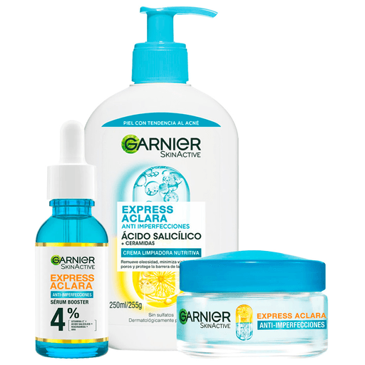 Este pack de Garnier Express Aclara Antiimperfecciones te ayudará a reducir imperfecciones y manchas, controlar la oleosidad e hidratar la piel. Incluye un sérum de 30ml + una crema Air Gel Matificante de 50ml + una crema limpiadora de 250ml.